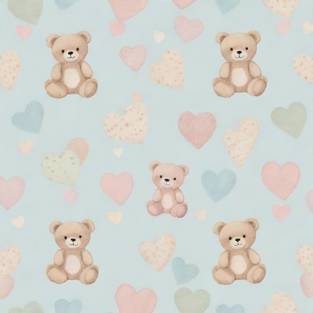 A delicate pattern featuring popular baby motifs, such as teddy bears, rattles, and hearts in soft pastel colors