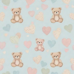 A delicate pattern featuring popular baby motifs, such as teddy bears, rattles, and hearts in soft pastel colors