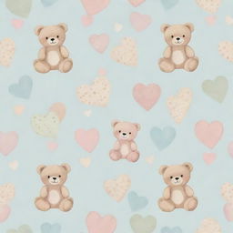 A delicate pattern featuring popular baby motifs, such as teddy bears, rattles, and hearts in soft pastel colors