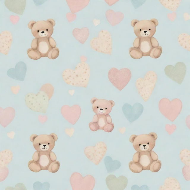 A delicate pattern featuring popular baby motifs, such as teddy bears, rattles, and hearts in soft pastel colors