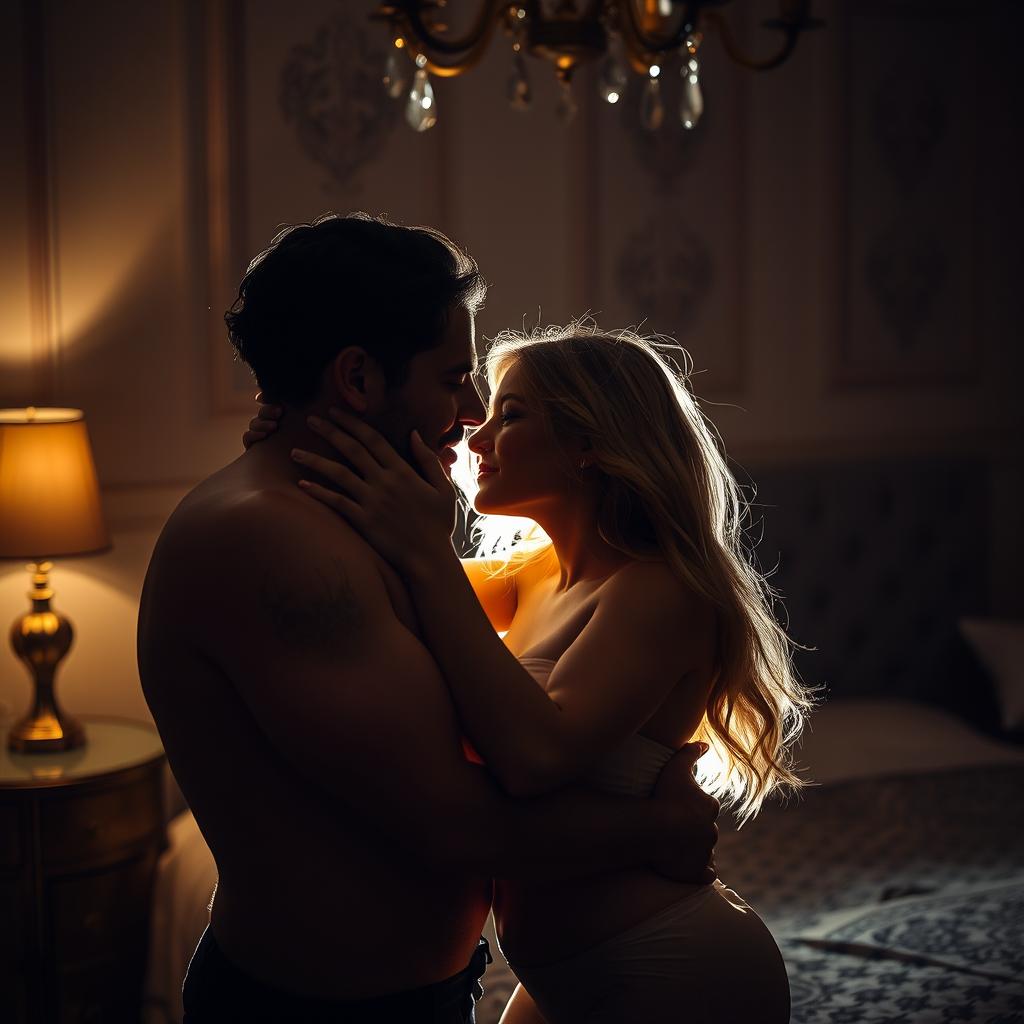 a man and woman engaging in an intimate and passionate moment, focusing on the chemistry and emotion between them without showing explicit details, conveying a sense of closeness and romance, set in an elegantly designed bedroom with dim lighting casting warm shadows, enhancing the mood and atmosphere