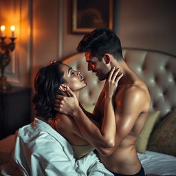 a man and woman engaging in an intimate and passionate moment, focusing on the chemistry and emotion between them without showing explicit details, conveying a sense of closeness and romance, set in an elegantly designed bedroom with dim lighting casting warm shadows, enhancing the mood and atmosphere