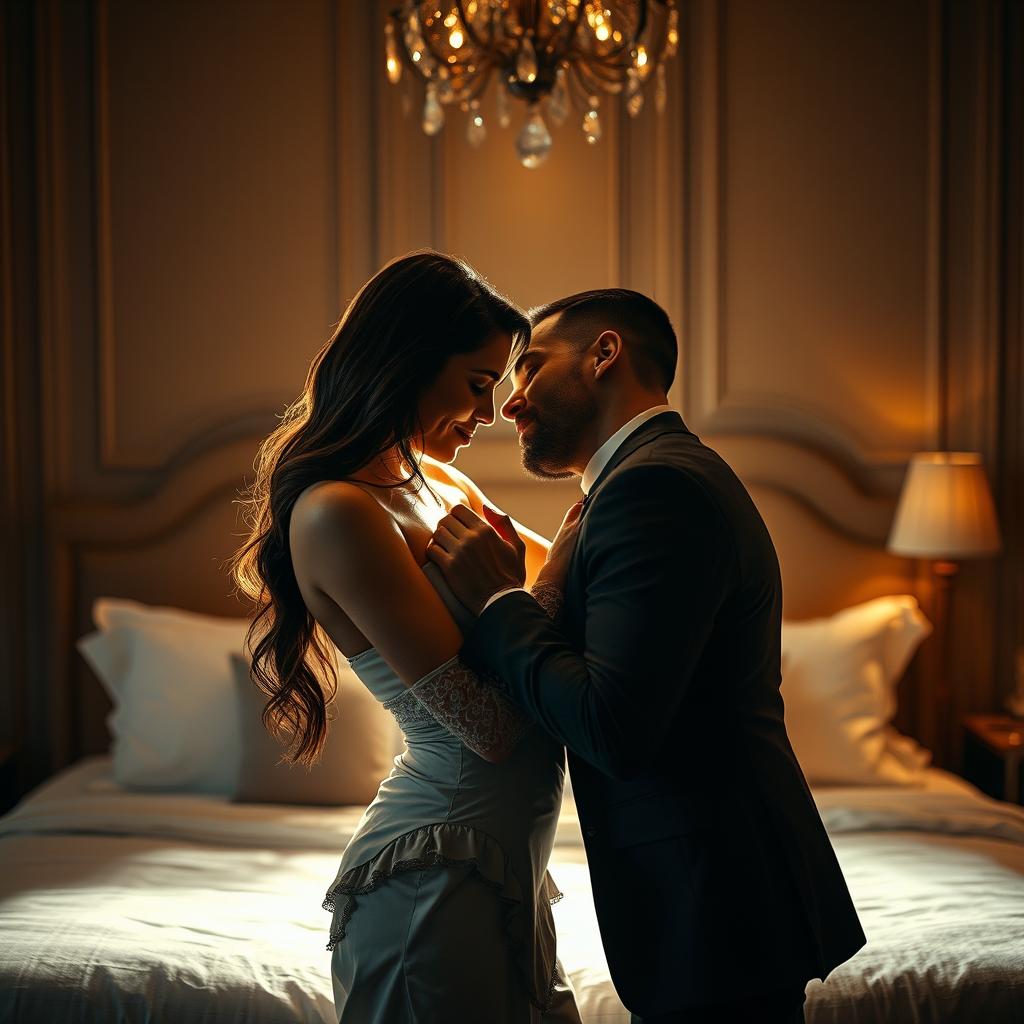 a man and woman engaging in an intimate and passionate moment, focusing on the chemistry and emotion between them without showing explicit details, conveying a sense of closeness and romance, set in an elegantly designed bedroom with dim lighting casting warm shadows, enhancing the mood and atmosphere