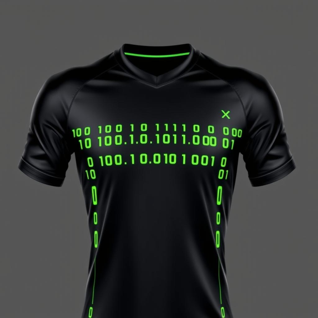 A black football jersey with neon green stripes arranged in the form of binary numbers