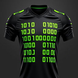 A black football jersey with neon green stripes arranged in the form of binary numbers