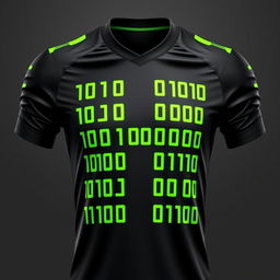 A black football jersey with neon green stripes arranged in the form of binary numbers