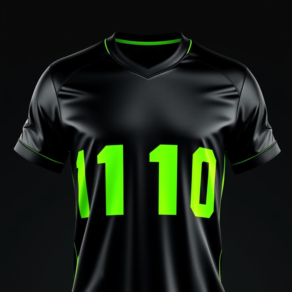 A black football jersey with neon green stripes arranged in the form of binary numbers