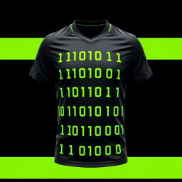 A black football jersey with neon green stripes arranged in the form of binary numbers