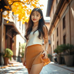 An 18-year-old Asian college girl with a playful yet confident demeanor, wearing a chic skirt that draws attention to her youthful style