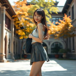 An 18-year-old Asian college girl with a playful yet confident demeanor, wearing a chic skirt that draws attention to her youthful style