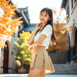 An 18-year-old Asian college girl with a playful yet confident demeanor, wearing a chic skirt that draws attention to her youthful style