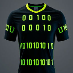 A black football jersey featuring vertical neon green stripes in the form of binary numbers