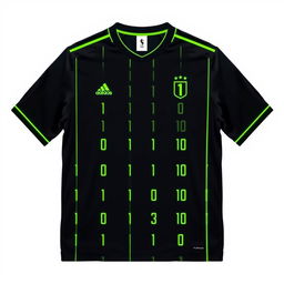 A black football jersey featuring vertical neon green stripes in the form of binary numbers