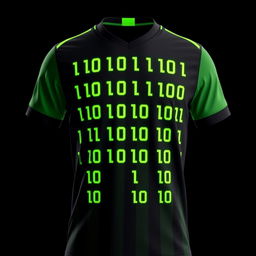 A black football jersey featuring vertical neon green stripes in the form of binary numbers