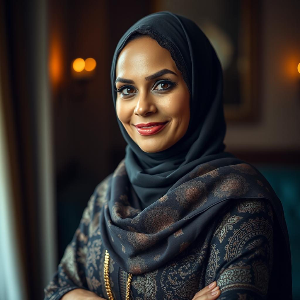 A confident, mature woman wearing a stylish hijab, exuding elegance and allure