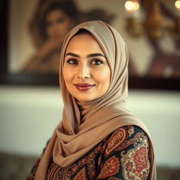 A confident, mature woman wearing a stylish hijab, exuding elegance and allure