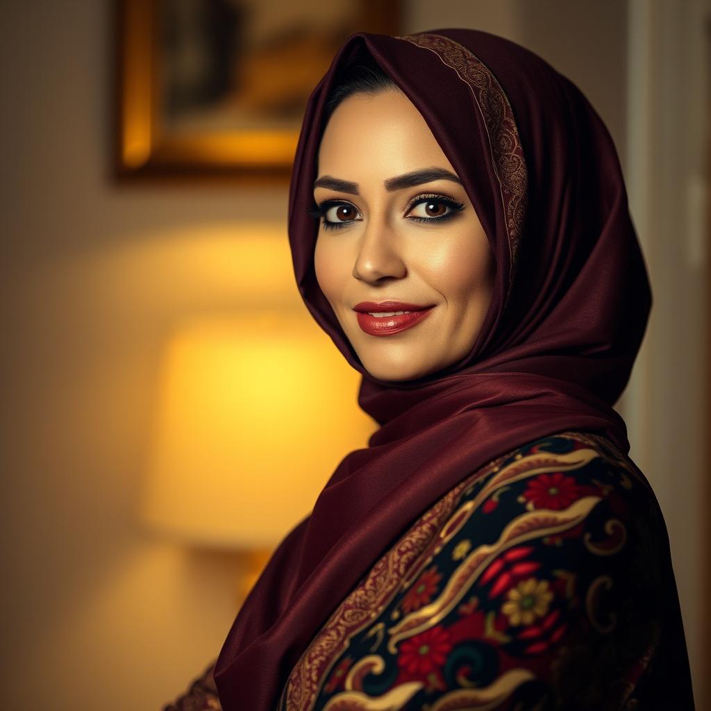 A confident, mature woman wearing a stylish hijab, exuding elegance and allure