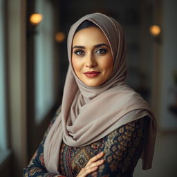 A confident, mature woman wearing a stylish hijab, exuding elegance and allure