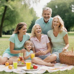 A family of various ages, smiling warmly. They are outdoors on a sunny day, enjoying a picnic in a lush green park. Splashes of joyful colors enhance their carefree and happy atmosphere.