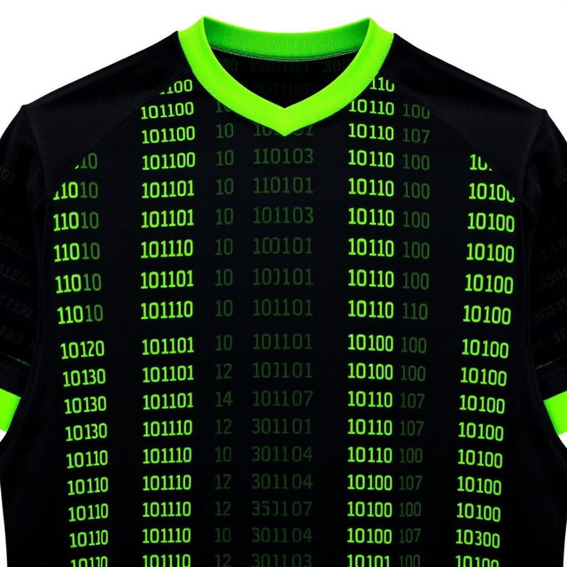 A black football jersey with small, vertical neon green stripes patterned in the form of binary numbers