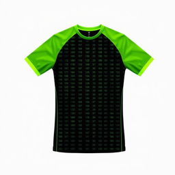 A black football jersey with small, vertical neon green stripes patterned in the form of binary numbers