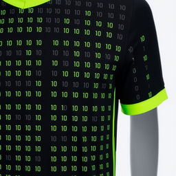 A black football jersey with small, vertical neon green stripes patterned in the form of binary numbers