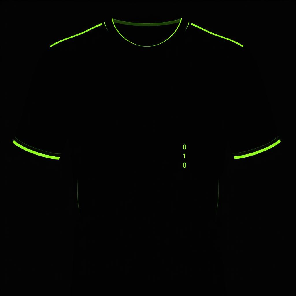 A black football jersey featuring four vertical neon green stripes designed in the form of small binary numbers