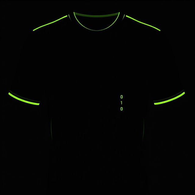 A black football jersey featuring four vertical neon green stripes designed in the form of small binary numbers