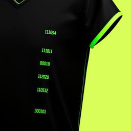 A black football jersey featuring four vertical neon green stripes designed in the form of small binary numbers