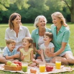 A family of various ages, smiling warmly. They are outdoors on a sunny day, enjoying a picnic in a lush green park. Splashes of joyful colors enhance their carefree and happy atmosphere.