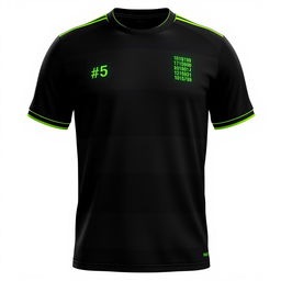 A black football jersey featuring four vertical neon green stripes designed in the form of small binary numbers