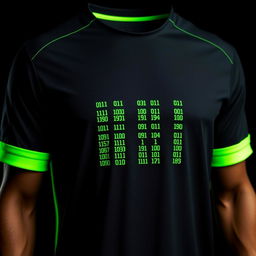 A black football jersey with four small neon green vertical stripes on the front, each composed of intricate binary numbers