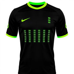 A black football jersey with four small neon green vertical stripes on the front, each composed of intricate binary numbers