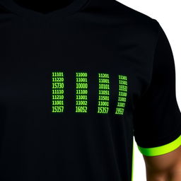 A black football jersey with four small neon green vertical stripes on the front, each composed of intricate binary numbers