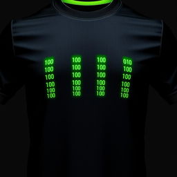 A black football jersey with four small neon green vertical stripes on the front, each composed of intricate binary numbers