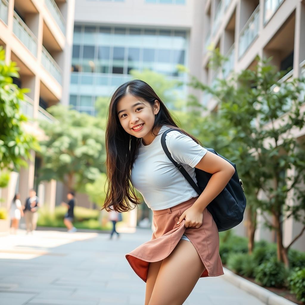 An 18-year-old Asian college girl with a playful confidence, captured in a moment of spontaneity