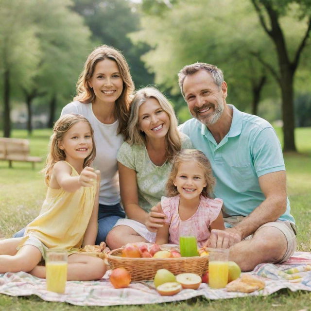 A family of various ages, smiling warmly. They are outdoors on a sunny day, enjoying a picnic in a lush green park. Splashes of joyful colors enhance their carefree and happy atmosphere.