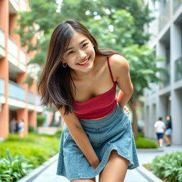 An 18-year-old Asian college girl with a playful confidence, captured in a moment of spontaneity