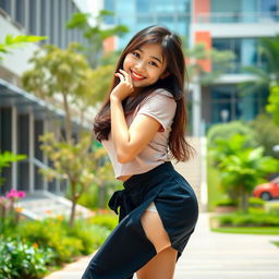 An 18-year-old Asian college girl with a playful confidence, captured in a moment of spontaneity