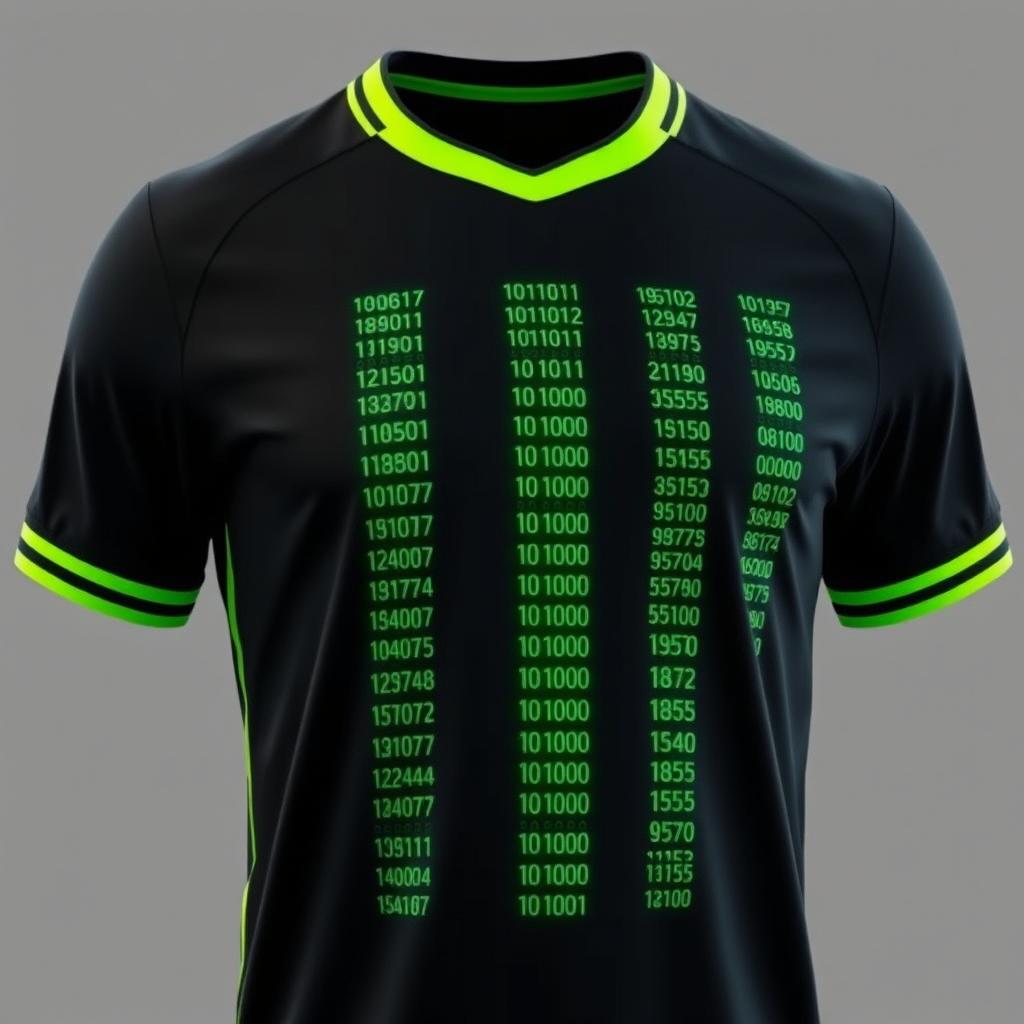 A black football jersey featuring four full-length vertical stripes on the front, each created with tiny, intricate neon green binary numbers running from top to bottom