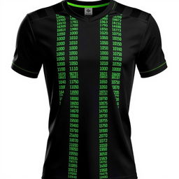 A black football jersey featuring four full-length vertical stripes on the front, each created with tiny, intricate neon green binary numbers running from top to bottom