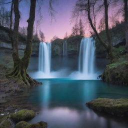 A dreamy, surreal landscape during twilight, with cascading waterfalls flowing into a crystal clear lake, surrounded by a forest of bioluminescent trees