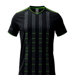 A black football jersey featuring four full-length vertical stripes on the front, each created with tiny, intricate neon green binary numbers running from top to bottom