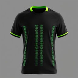 A black football jersey featuring four full-length vertical stripes on the front, each created with tiny, intricate neon green binary numbers running from top to bottom