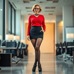 front view of an attractive 70-year-old office woman with a confident stance and alluring features, showcasing a curvaceous figure