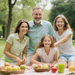 A family of various ages, smiling warmly. They are outdoors on a sunny day, enjoying a picnic in a lush green park. Splashes of joyful colors enhance their carefree and happy atmosphere.