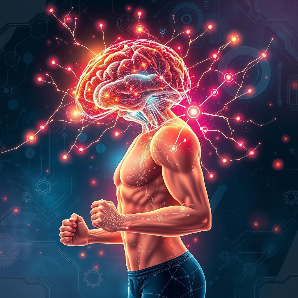 A futuristic illustration showing the connection between physical fitness and brain cognition, symbolizing the development of physical qualities and quality of life through cognitive brain function