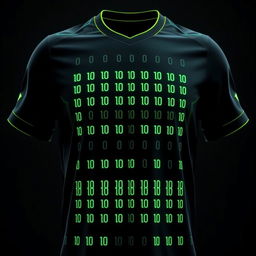 A black football jersey with four full-height vertical stripes on the front, each crafted from tiny neon green binary numbers composed of 0's and 1's