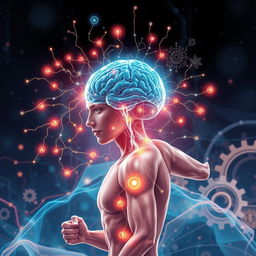 A futuristic illustration showing the connection between physical fitness and brain cognition, symbolizing the development of physical qualities and quality of life through cognitive brain function