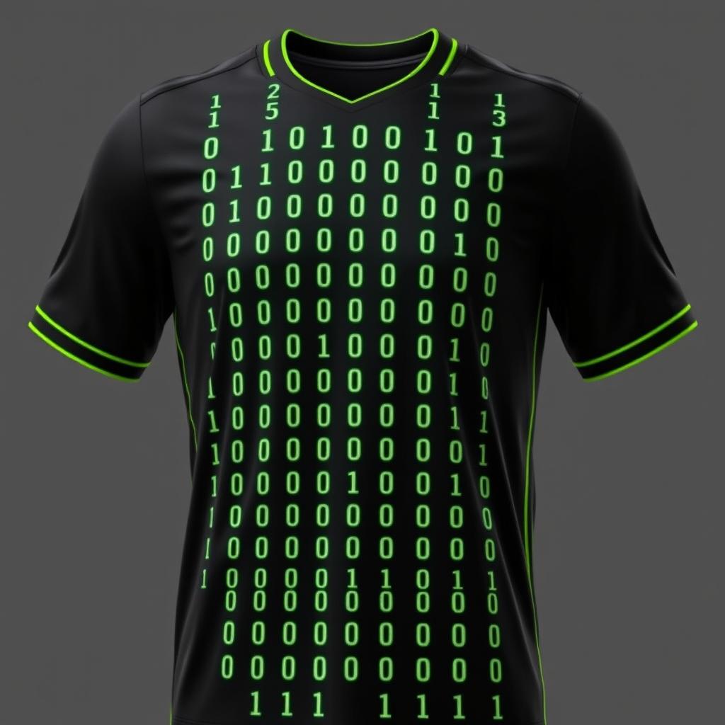 A black football jersey with four full-height vertical stripes on the front, each crafted from tiny neon green binary numbers composed of 0's and 1's